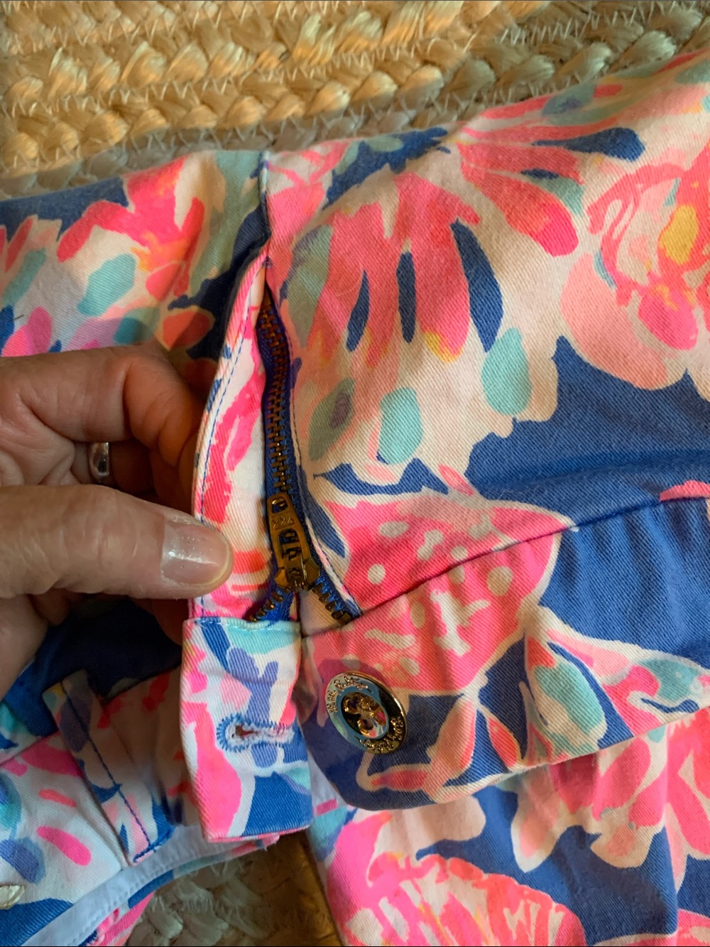 Lilly Pulitzer Sadie Pink, Navy & Cream Floral Ankle Length Cotton Blend Pants - Picture 8 of 13